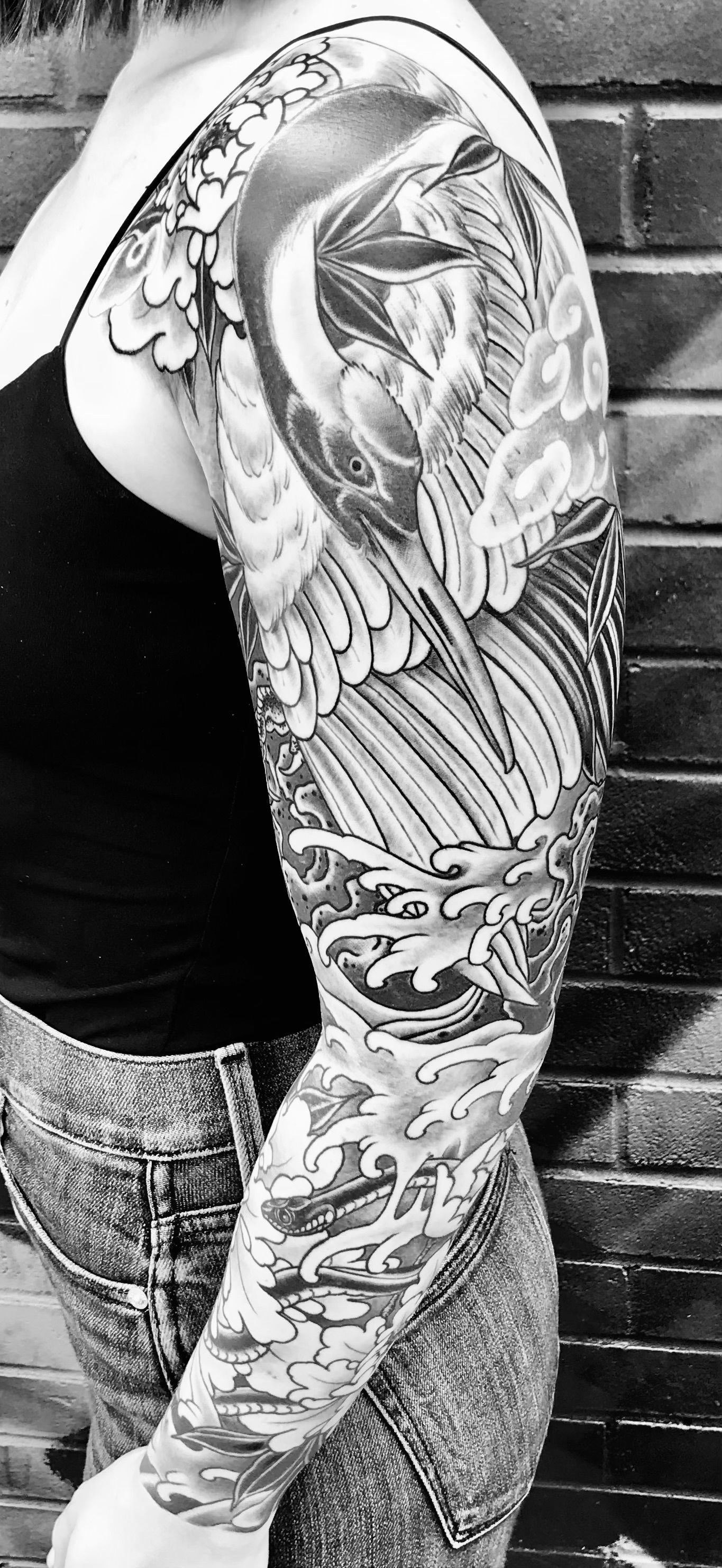 Traditional Japanese Crowned Crane Tattoo Sleeve