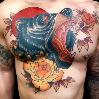 Grizzly Bear and Golden Peonies Tattoo