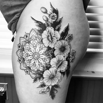 Poppies and Mandalas in Fine Line Blackwork