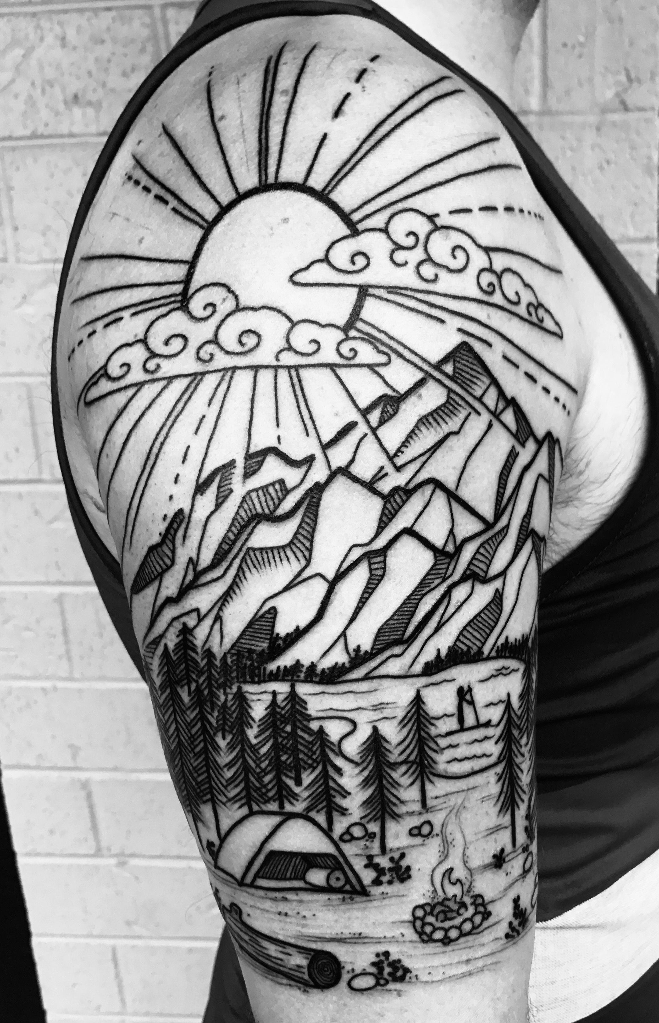 Mountain Camping Landscape Half Sleeve Tattoo