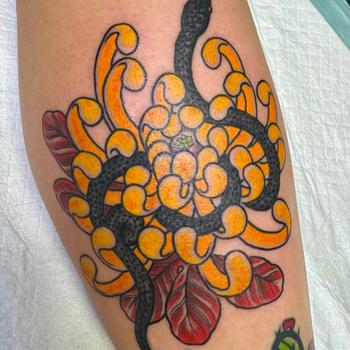 Golden Chrysanthemum and Garden Snake Tattoo